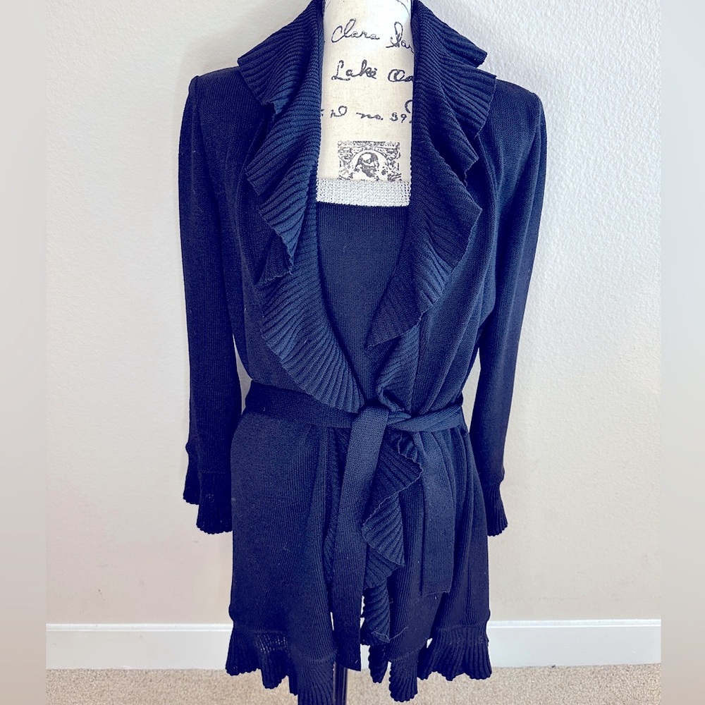 St. John Collection Black Santana Knit Belted Ruffled Cardigan